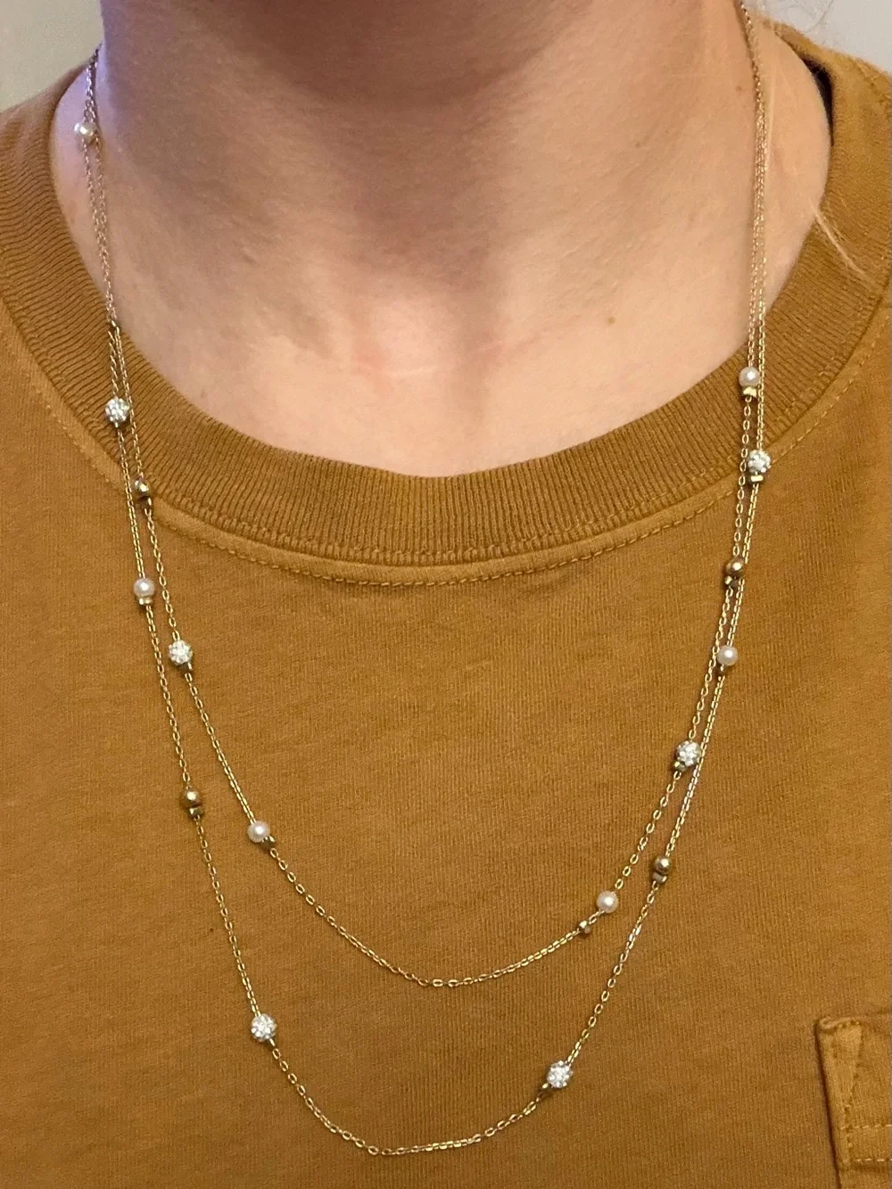 LOFT Gold Layered Necklace with White Pearls and Crystal Beads